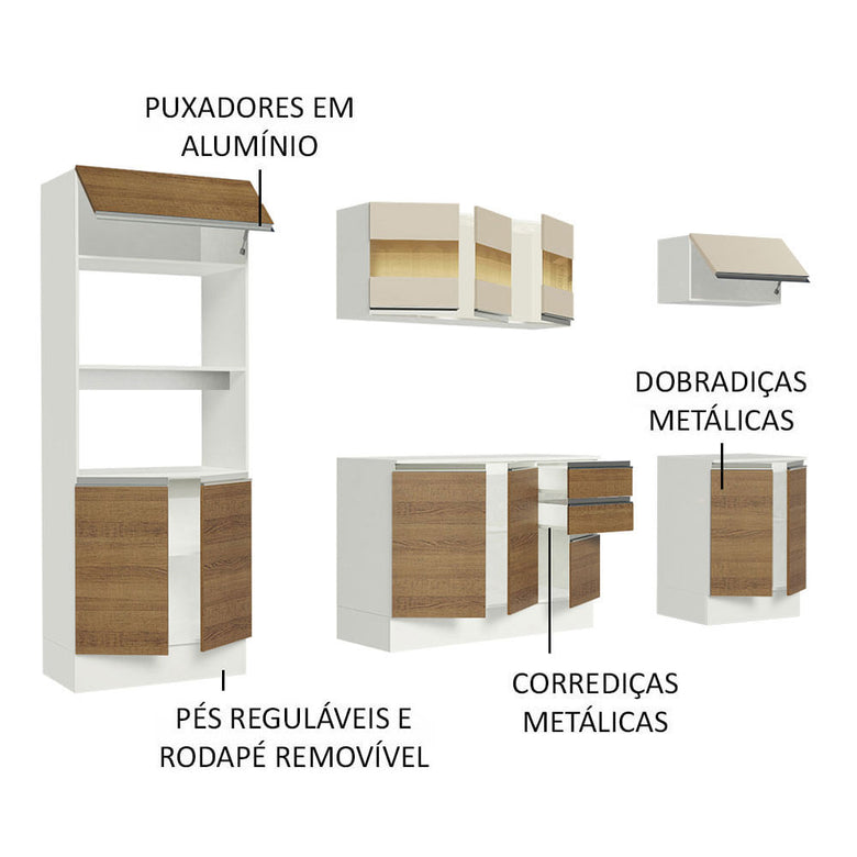 Armário de Cozinha Completa 100% MDF 250 cm Branco/Rustic/Crema Smart Madesa 01