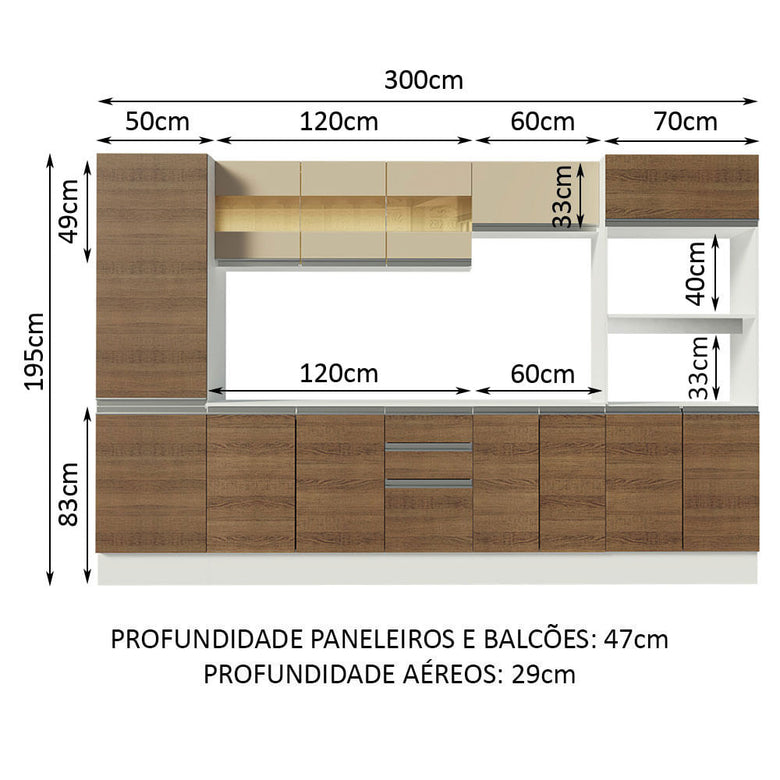 Armário de Cozinha Completa 100% MDF 300 cm Branco/Rustic/Crema Smart Madesa 01