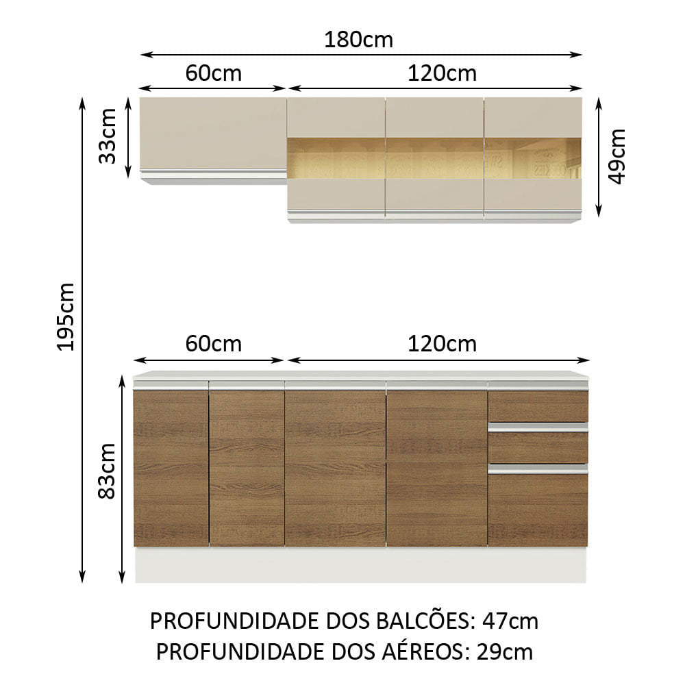 Armário de Cozinha Compacta 100% MDF 180 cm Branco/Rustic/Crema Smart Madesa 01