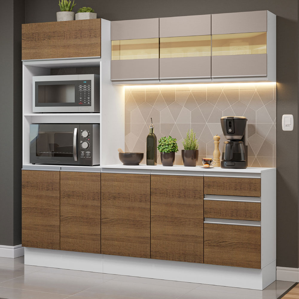 Armário de Cozinha Compacta 100% MDF 190 cm Branco/Rustic/Crema Smart Madesa 01 - Branco/Rustic/Crema