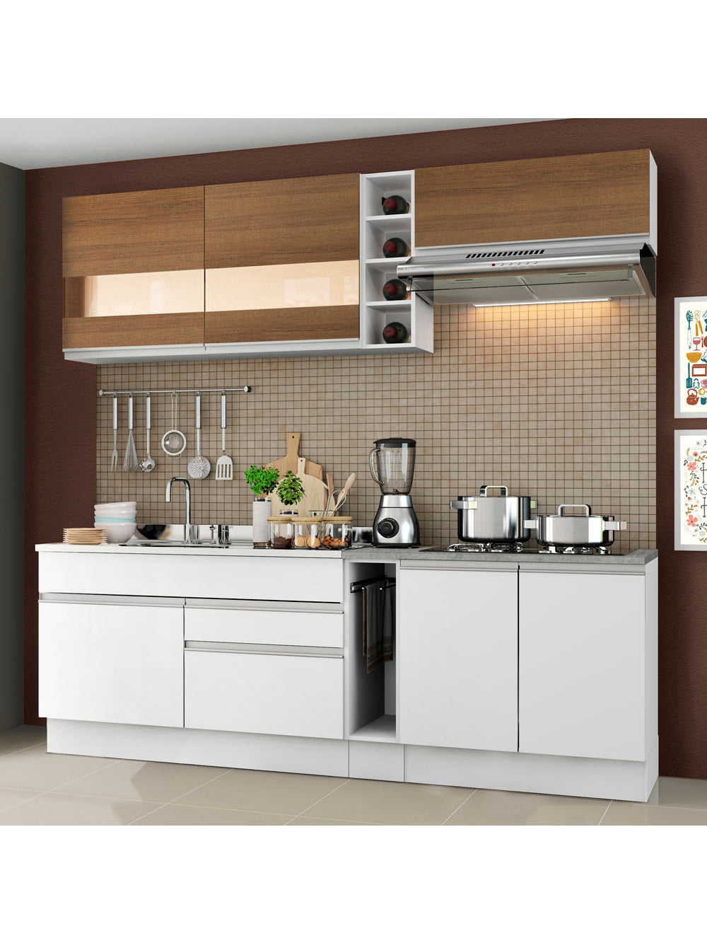 Armário de Cozinha Completa 220cm Branco/Branco/Rustic Parma Madesa 02 - Branco/Branco/Rustic