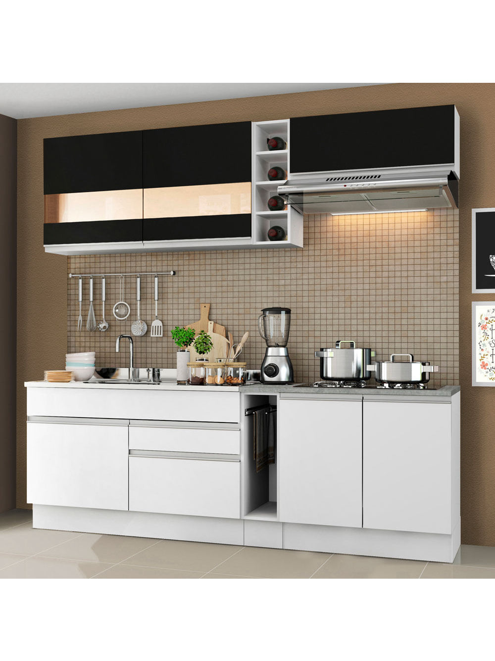 Armário de Cozinha Completa 220cm Branco/Branco/Preto Parma Madesa 02 - Branco/Branco/Preto