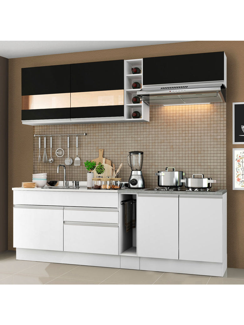Armário de Cozinha Completa 220cm Branco/Branco/Preto Parma Madesa 02