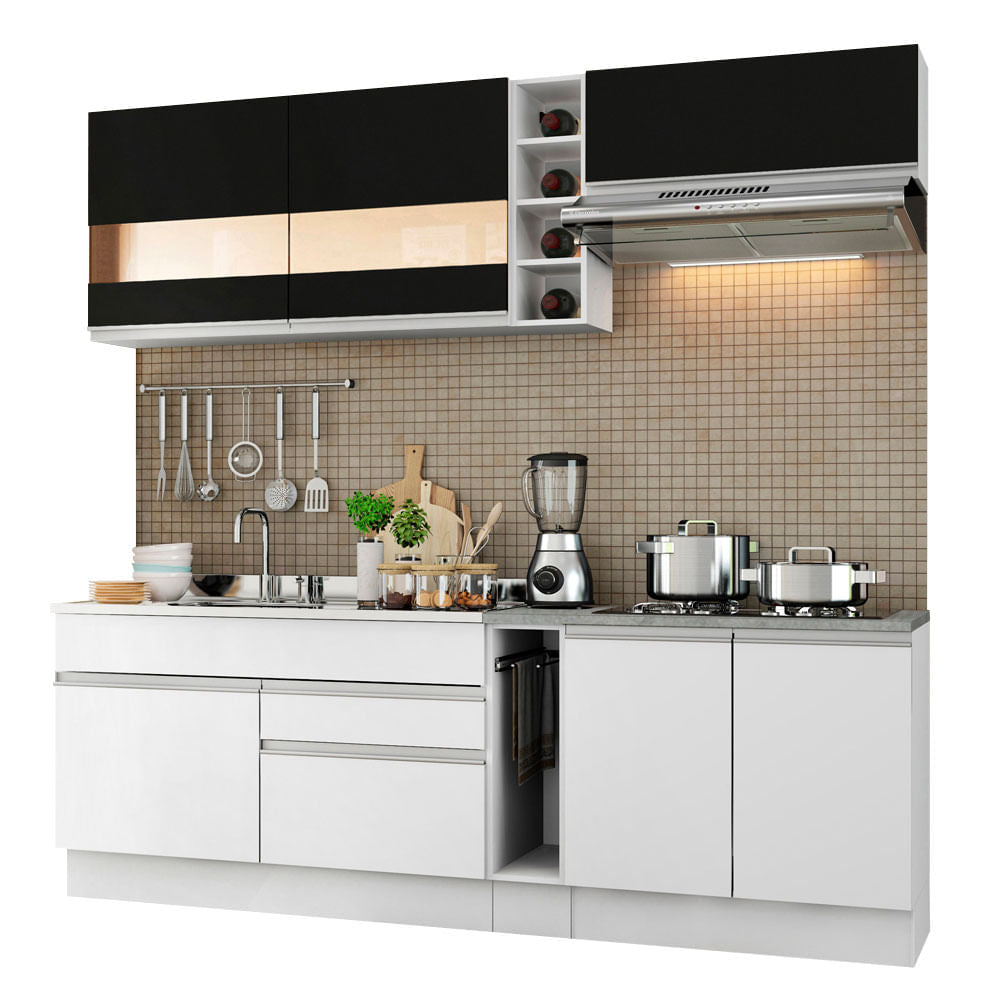 Armário de Cozinha Completa 220cm Branco/Branco/Preto Parma Madesa 02 - Branco/Branco/Preto