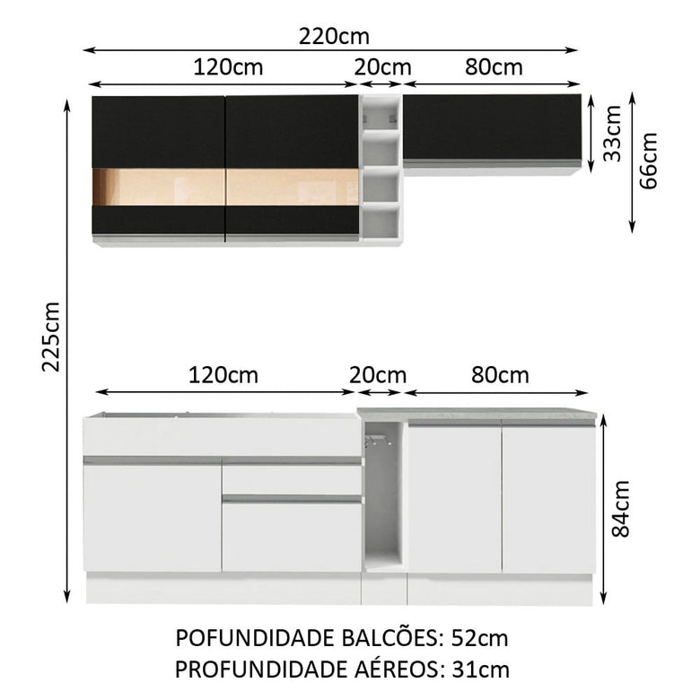 Armário de Cozinha Completa 220cm Branco/Branco/Preto Parma Madesa 02