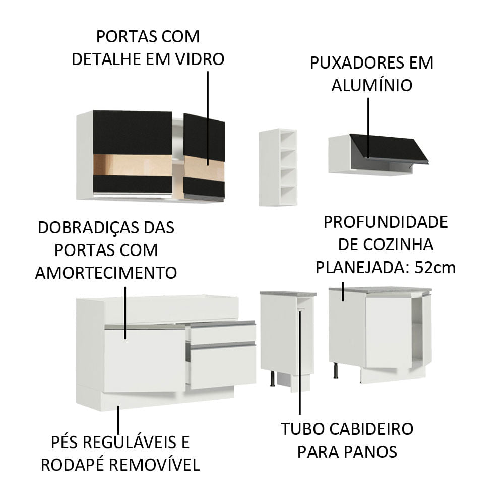 Armário de Cozinha Completa 220cm Branco/Branco/Preto Parma Madesa 02