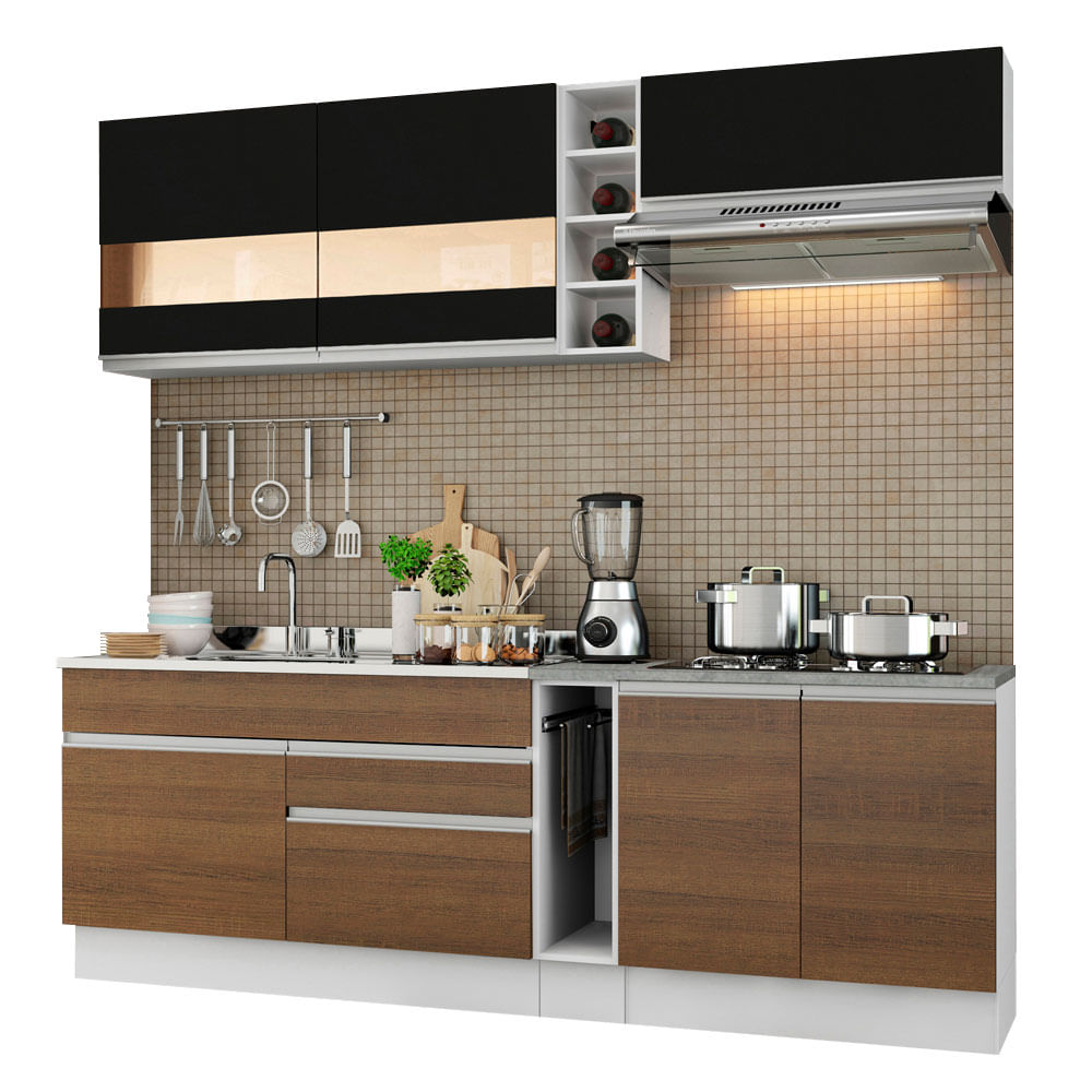Armário de Cozinha Completa 220cm Branco/Rustic/Preto Parma Madesa 02 - Branco/Rustic/Preto