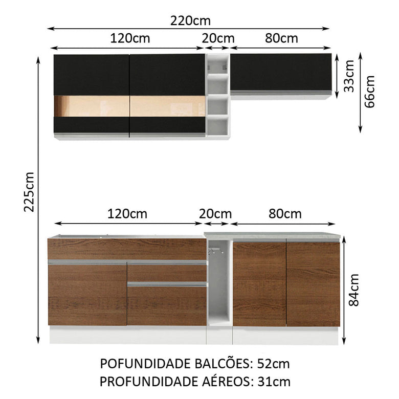Armário de Cozinha Completa 220cm Branco/Rustic/Preto Parma Madesa 02