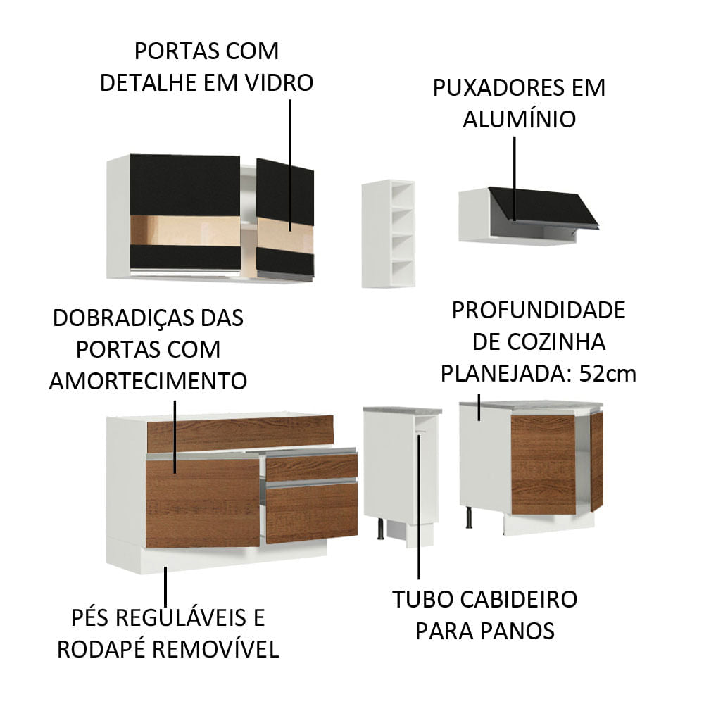 Armário de Cozinha Completa 220cm Branco/Rustic/Preto Parma Madesa 02