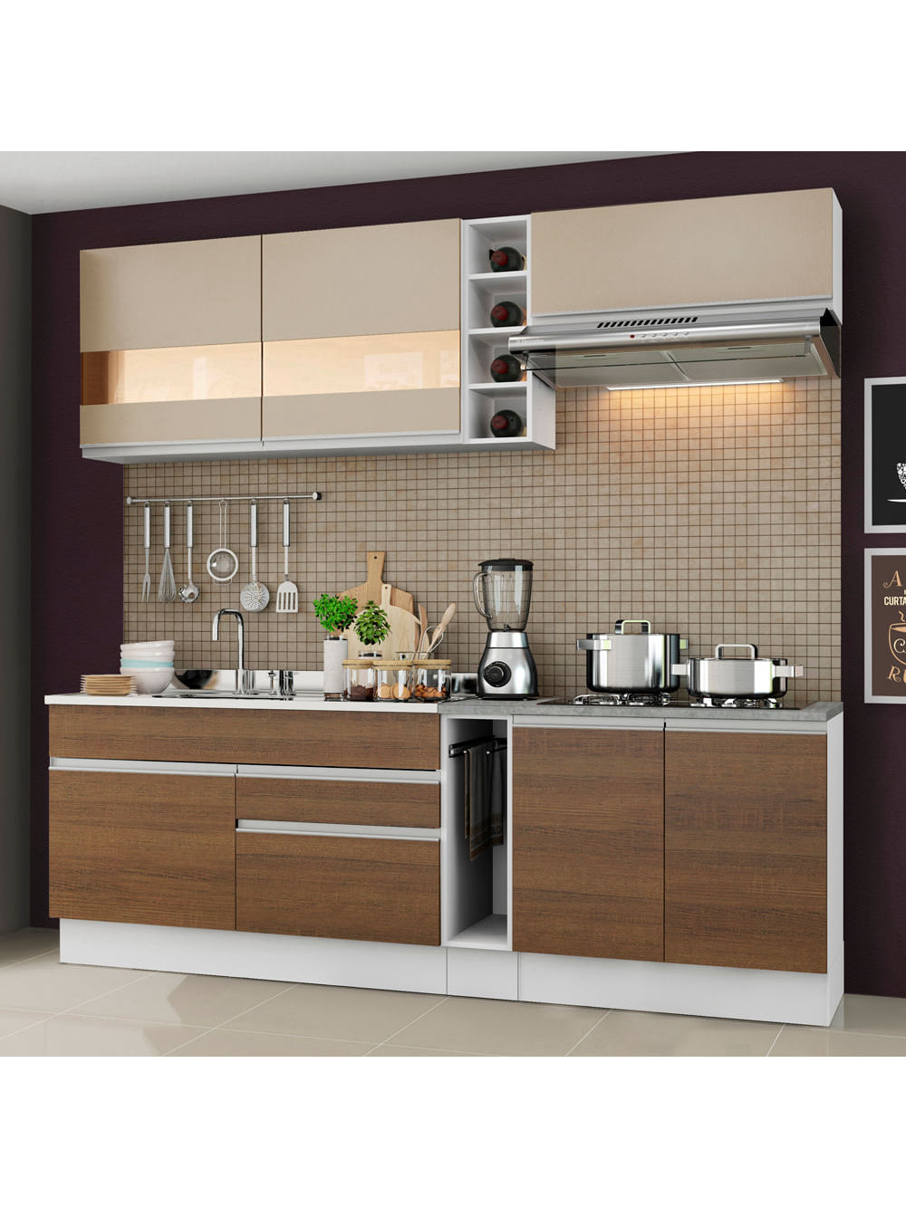 Armário de Cozinha Completa 220cm Branco/Rustic/Crema Parma Madesa 02 - Branco/Rustic/Crema