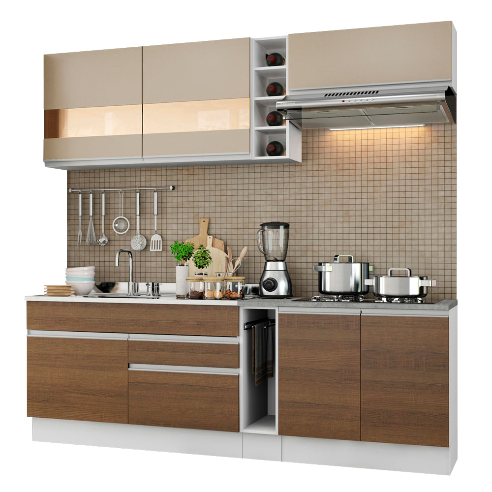 Armário de Cozinha Completa 220cm Branco/Rustic/Crema Parma Madesa 02 - Branco/Rustic/Crema