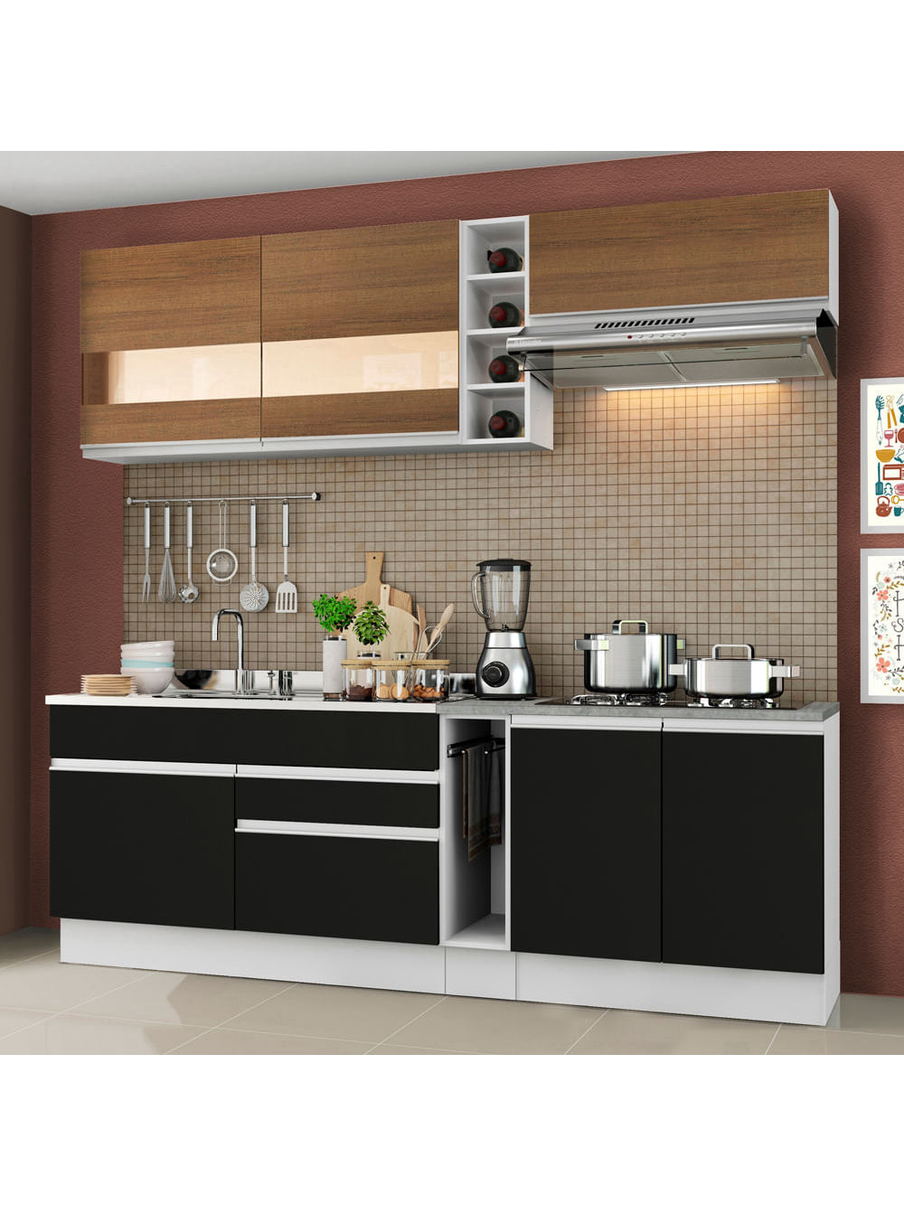 Armário de Cozinha Completa 220cm Branco/Preto/Rustic Parma Madesa 02 - Branco/Preto/Rustic