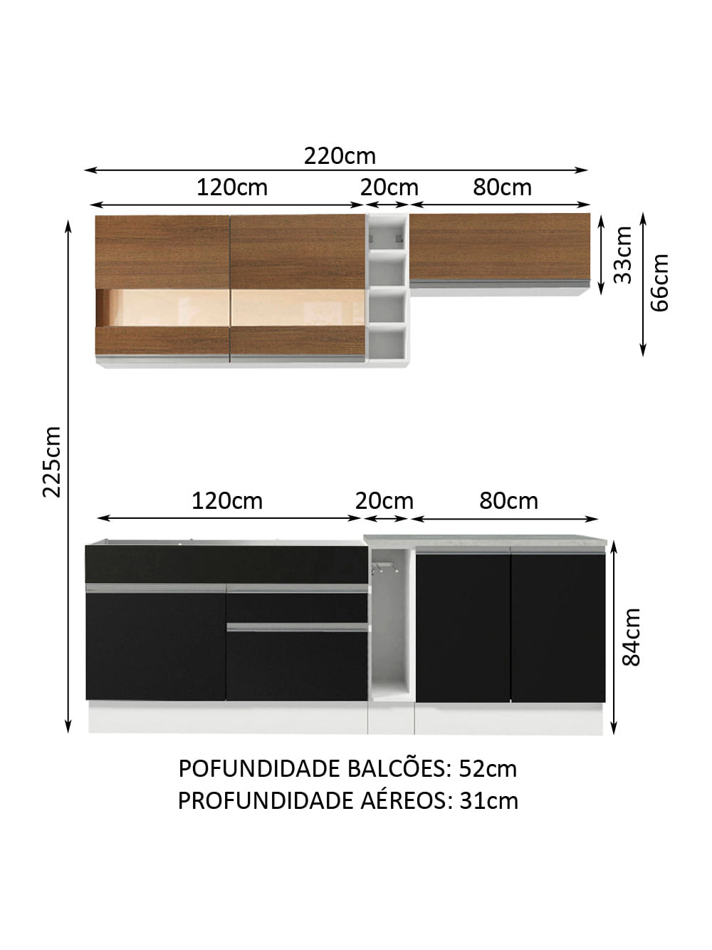 Armário de Cozinha Completa 220cm Branco/Preto/Rustic Parma Madesa 02