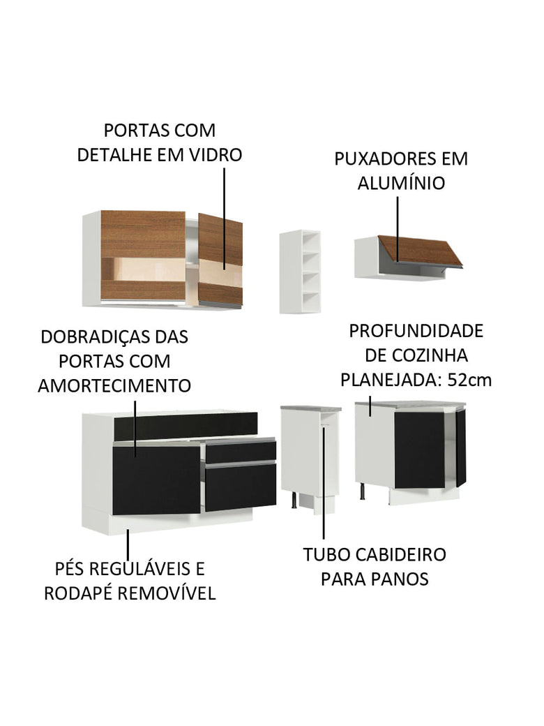 Armário de Cozinha Completa 220cm Branco/Preto/Rustic Parma Madesa 02