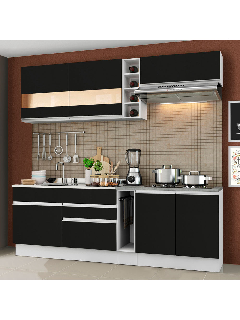 Armário de Cozinha Completa 220cm Branco/Preto Parma Madesa 02 - Branco/Preto