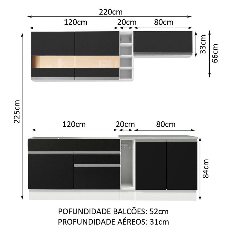 Armário de Cozinha Completa 220cm Branco/Preto Parma Madesa 02