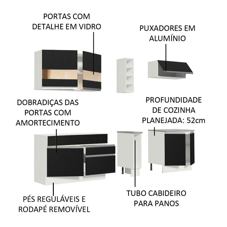 Armário de Cozinha Completa 220cm Branco/Preto Parma Madesa 02