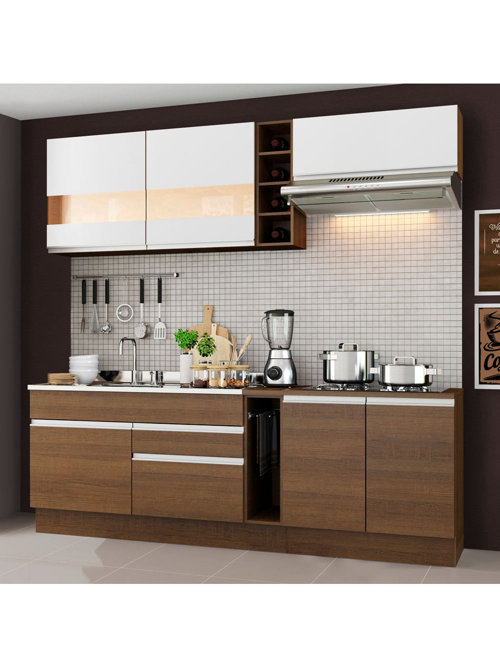 Armário de Cozinha Completa 220cm Rustic/Rustic/Branco Parma Madesa 02 - Rustic/Rustic/Branco