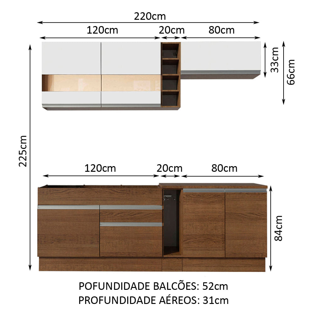 Armário de Cozinha Completa 220cm Rustic/Rustic/Branco Parma Madesa 02