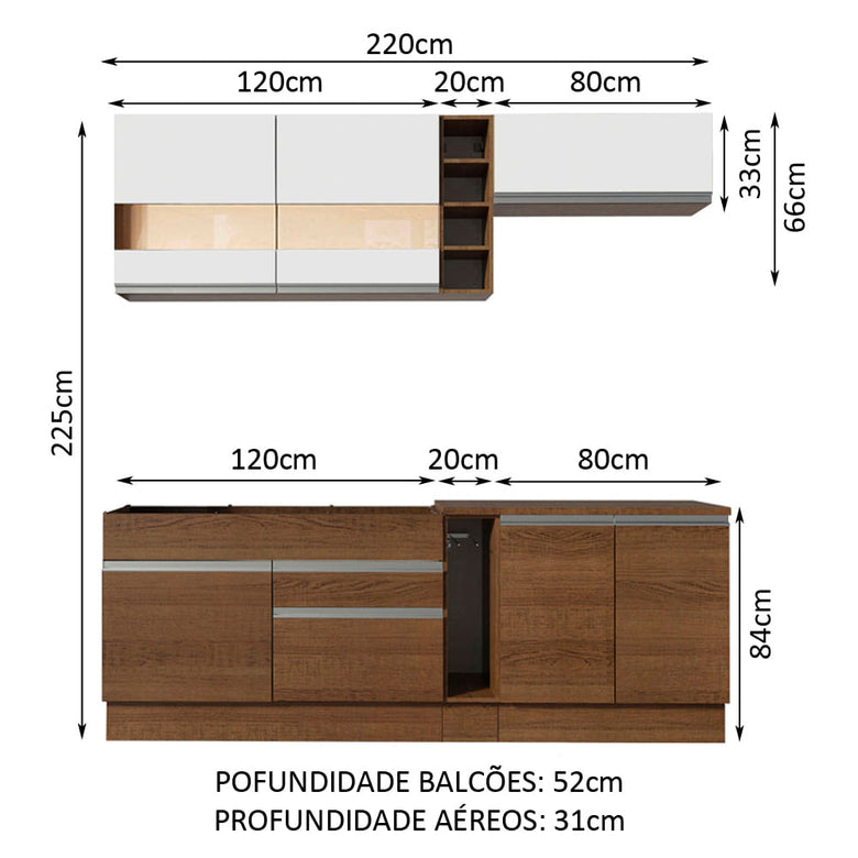 Armário de Cozinha Completa 220cm Rustic/Rustic/Branco Parma Madesa 02