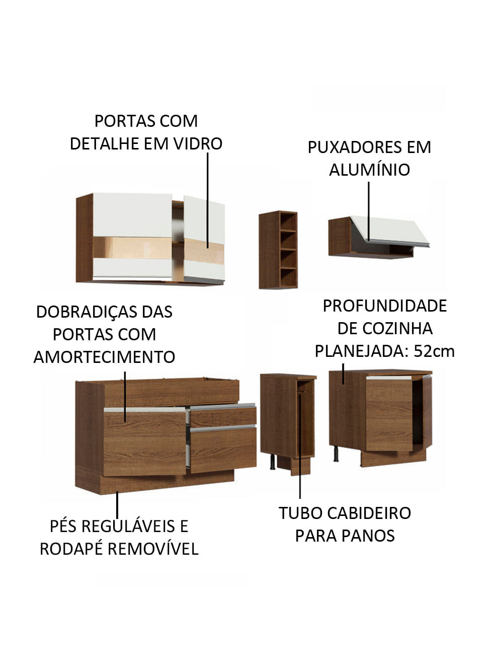 Armário de Cozinha Completa 220cm Rustic/Rustic/Branco Parma Madesa 02
