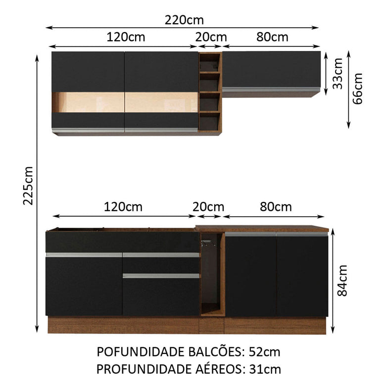 Armário de Cozinha Completa 220cm Rustic/Preto Parma Madesa 02