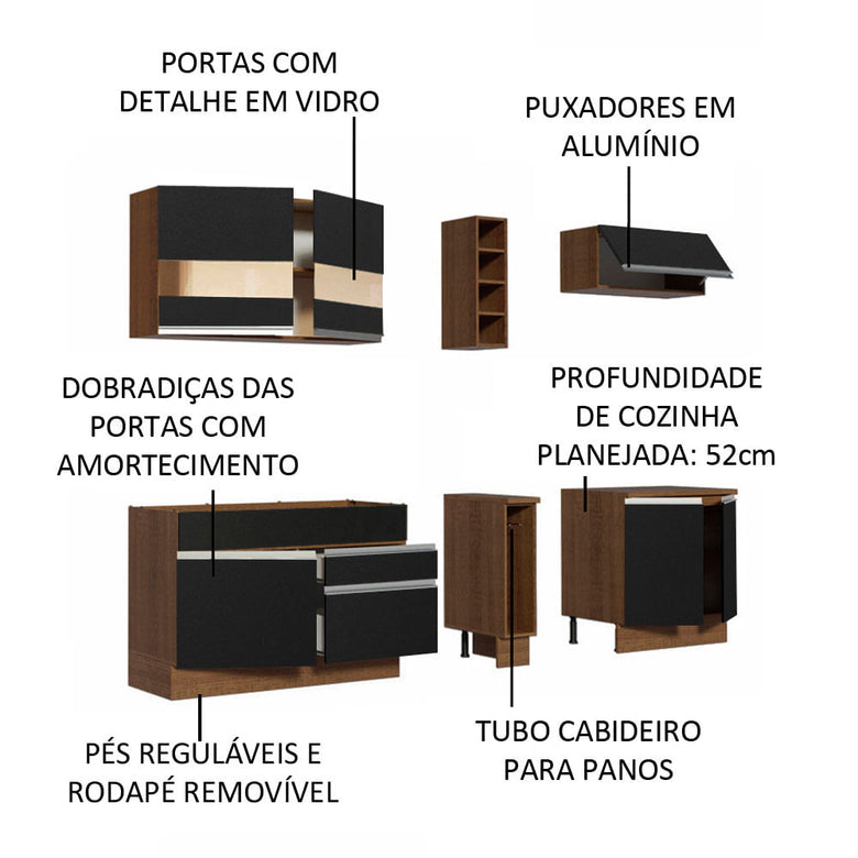 Armário de Cozinha Completa 220cm Rustic/Preto Parma Madesa 02