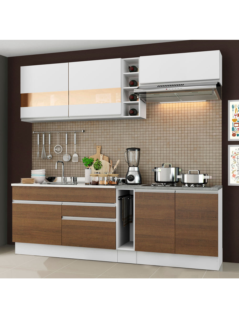 Armário de Cozinha Completa 220cm Branco/Rustic/Branco Parma Madesa 02 - Branco/Rustic/Branco