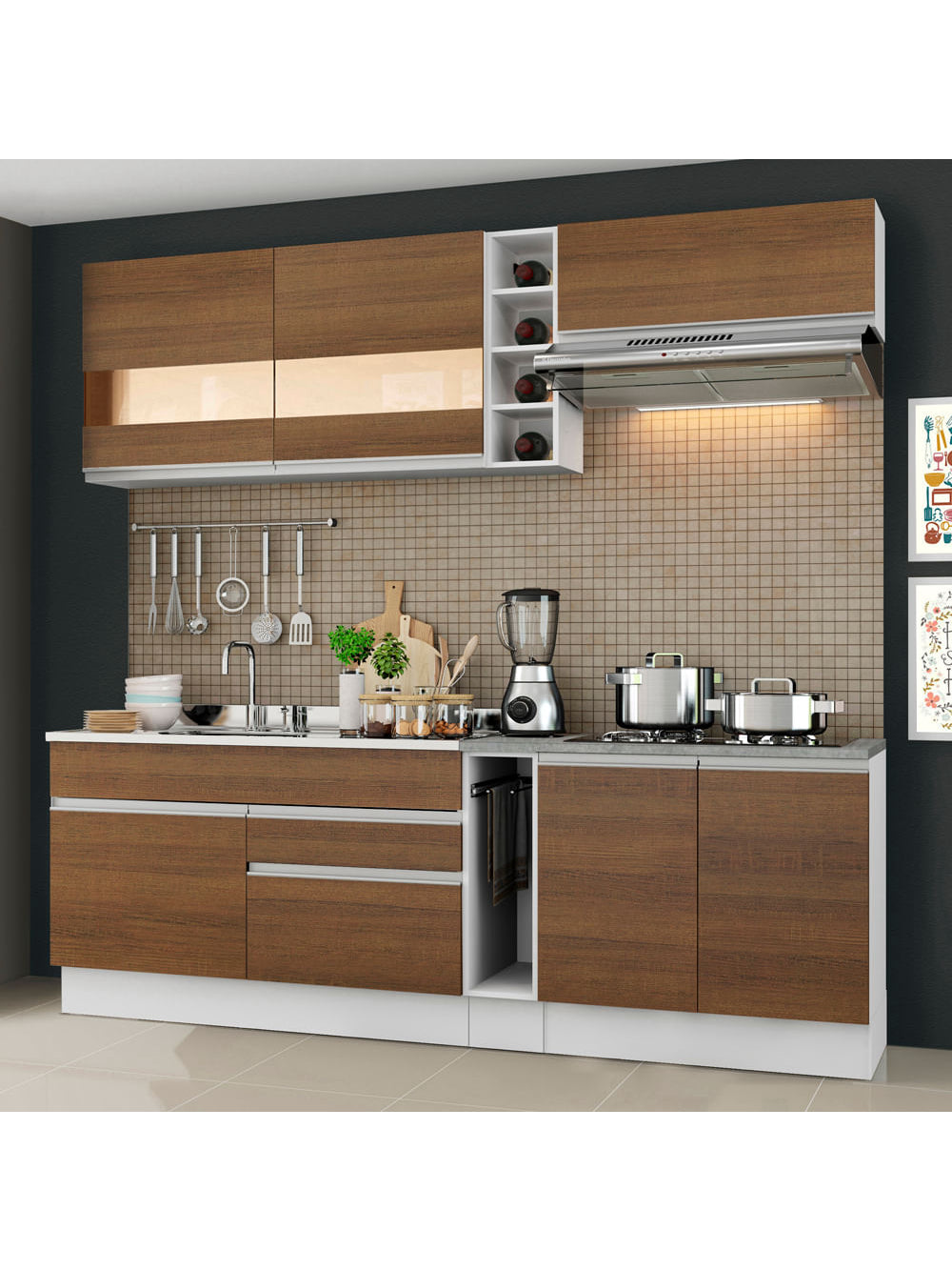 Armário de Cozinha Completa 220cm Branco/Rustic Parma Madesa 02 - Branco/Rustic