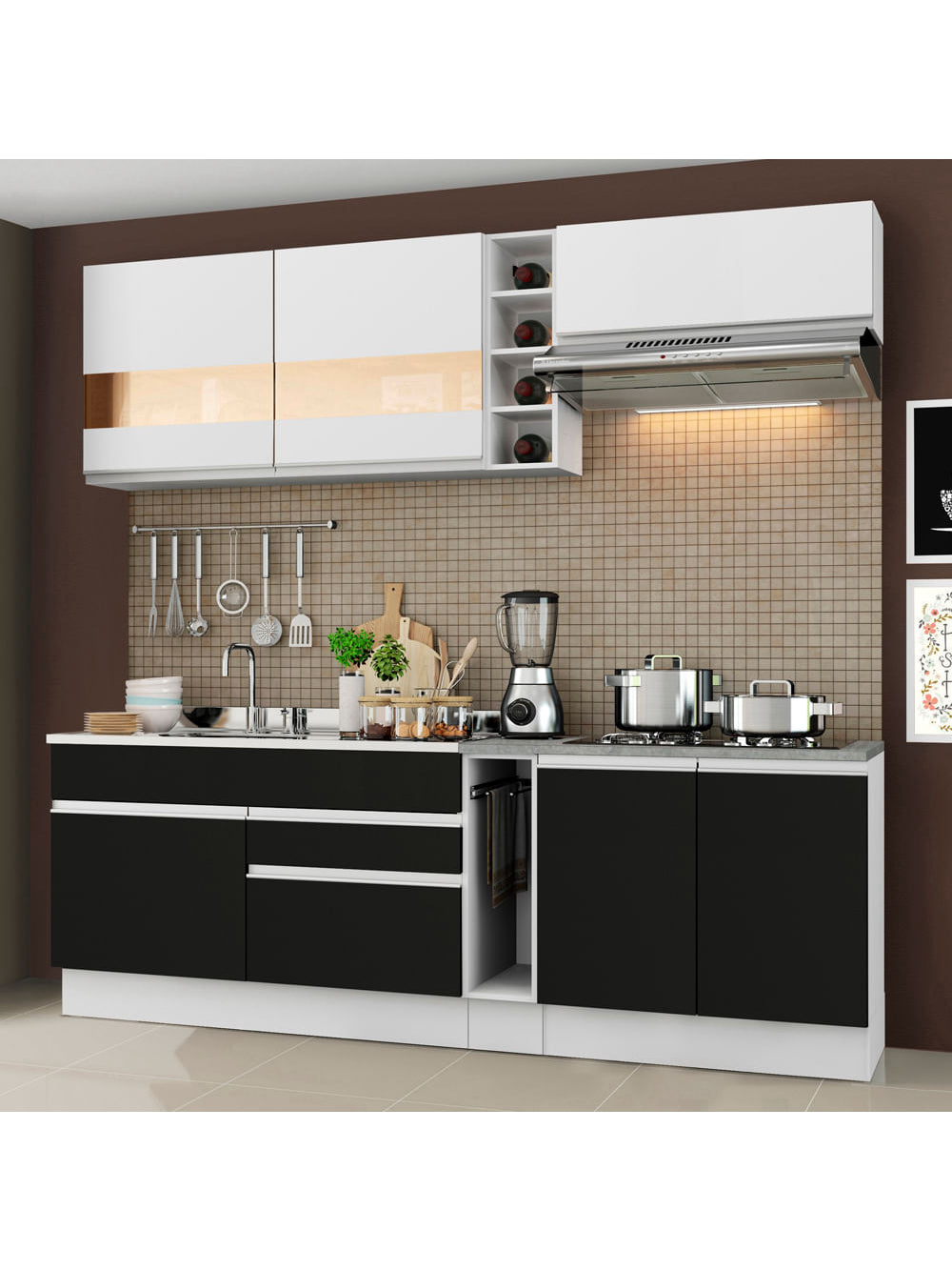 Armário de Cozinha Completa 220cm Branco/Preto/Branco Parma Madesa 02 - Branco/Preto/Branco