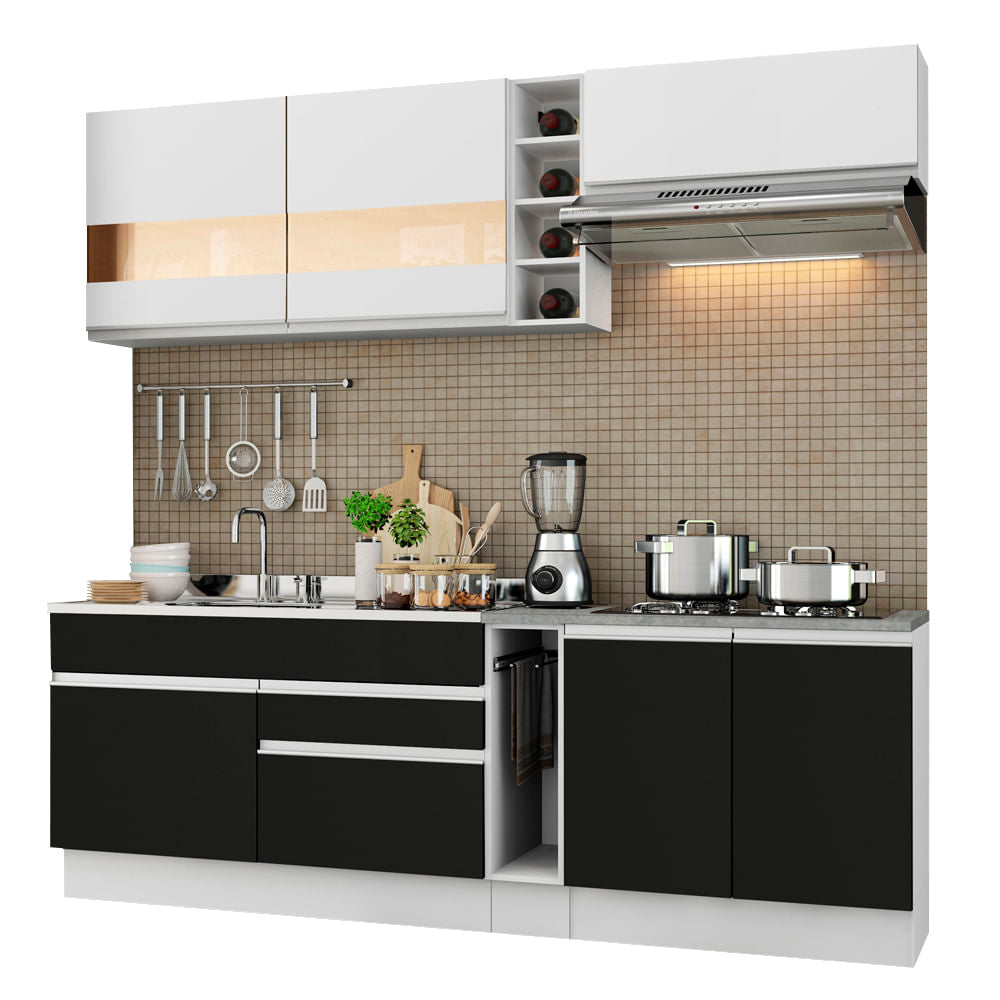 Armário de Cozinha Completa 220cm Branco/Preto/Branco Parma Madesa 02 - Branco/Preto/Branco