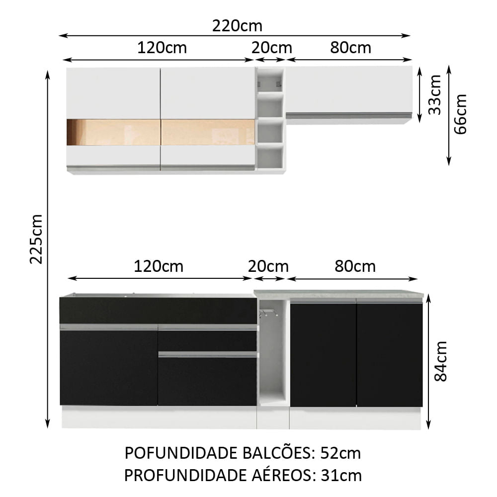 Armário de Cozinha Completa 220cm Branco/Preto/Branco Parma Madesa 02
