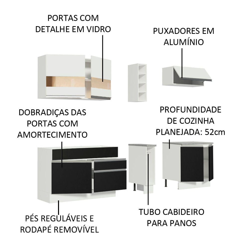 Armário de Cozinha Completa 220cm Branco/Preto/Branco Parma Madesa 02
