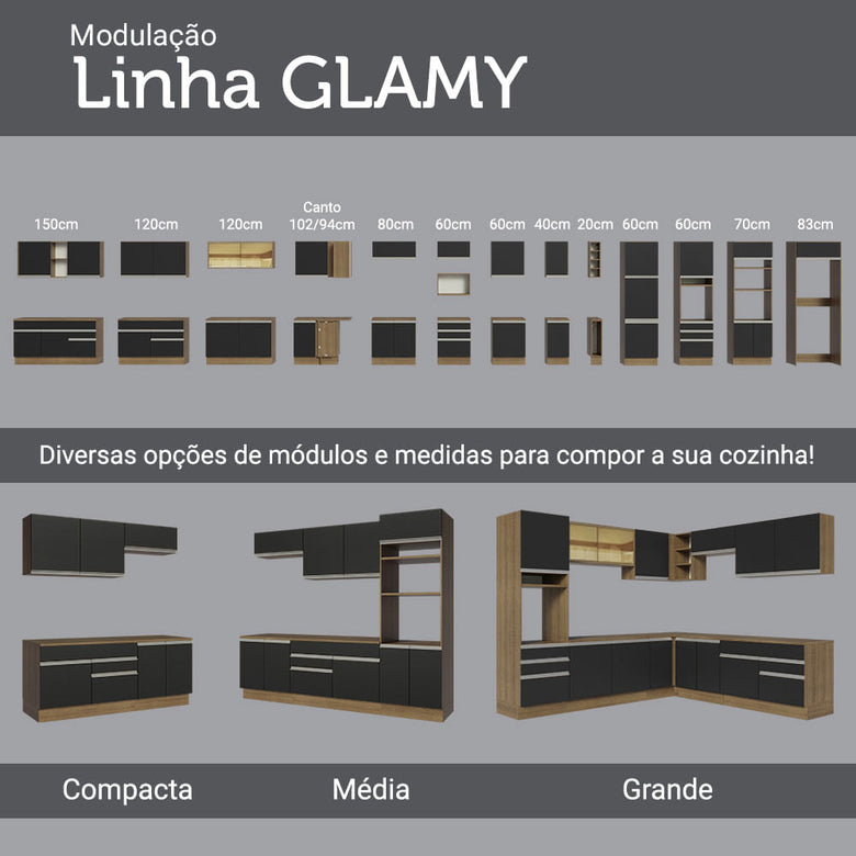 Armário de Cozinha Completa 220cm Rustic/Preto/Rustic Parma Madesa 02