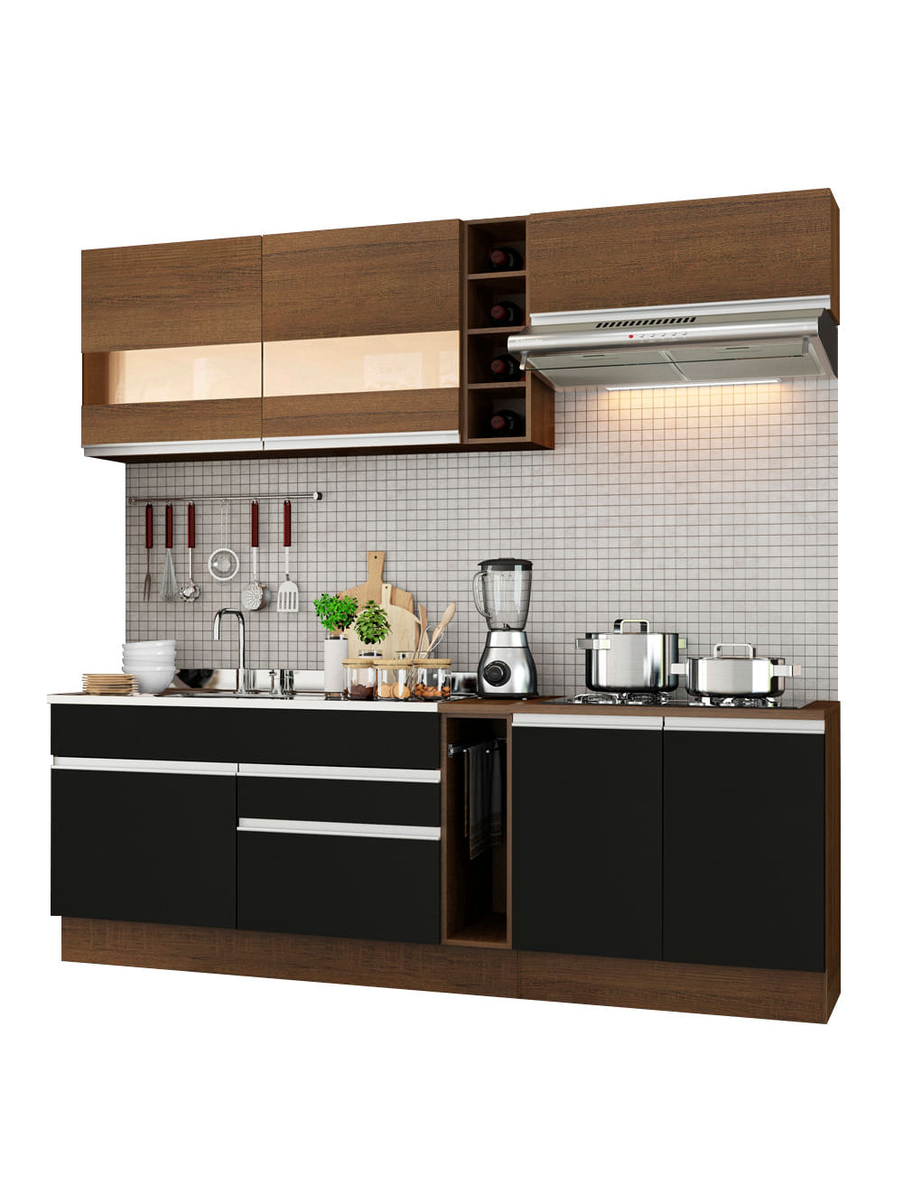 Armário de Cozinha Completa 220cm Rustic/Preto/Rustic Parma Madesa 02 - Rustic/Preto/Rustic