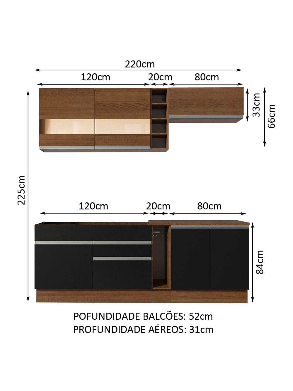 Armário de Cozinha Completa 220cm Rustic/Preto/Rustic Parma Madesa 02