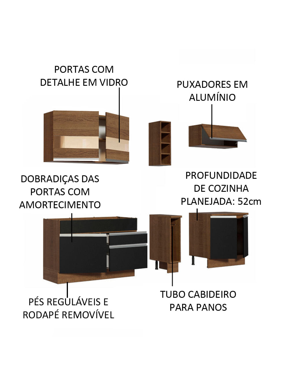 Armário de Cozinha Completa 220cm Rustic/Preto/Rustic Parma Madesa 02