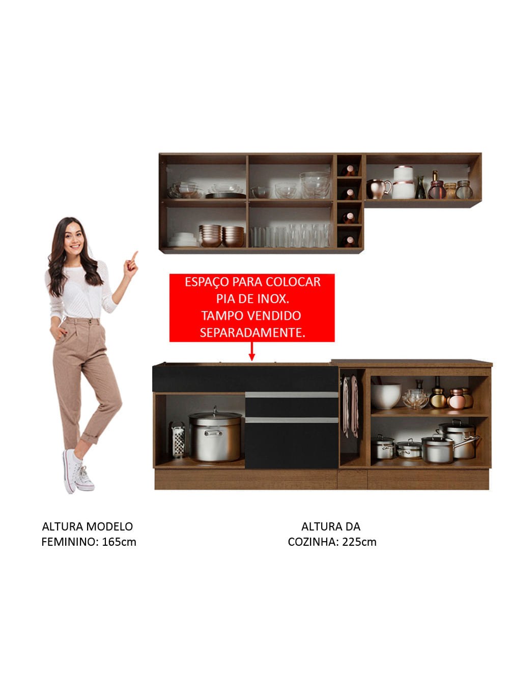 Armário de Cozinha Completa 220cm Rustic/Preto/Rustic Parma Madesa 02