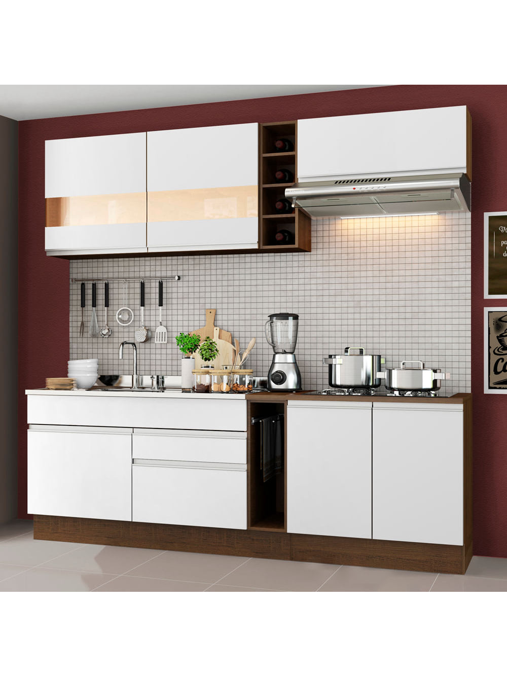 Armário de Cozinha Completa 220cm Rustic/Branco Parma Madesa 02 - Rustic/Branco