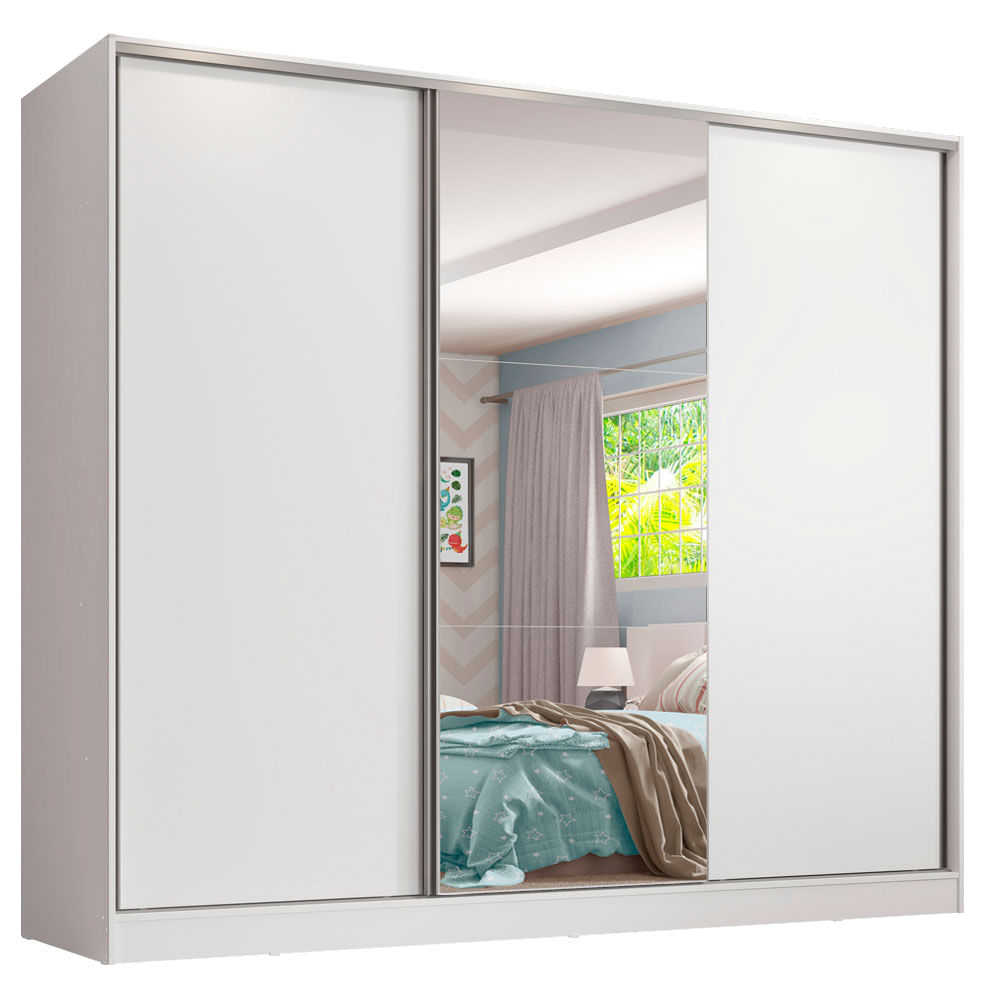 Guarda-Roupa Infantil Madesa Logan 100% MDF 3 Portas de Correr com Espelho Branco - Branco