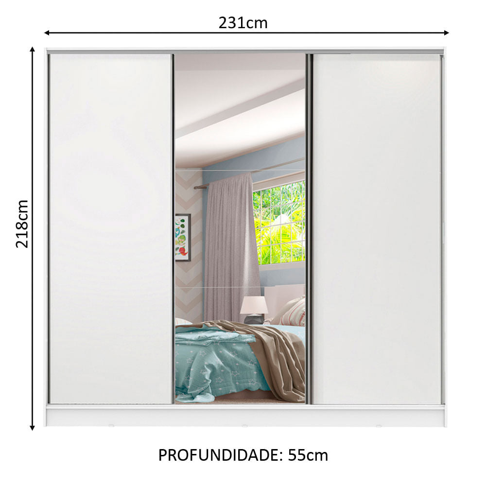 Guarda-Roupa Infantil Madesa Logan 100% MDF 3 Portas de Correr com Espelho Branco