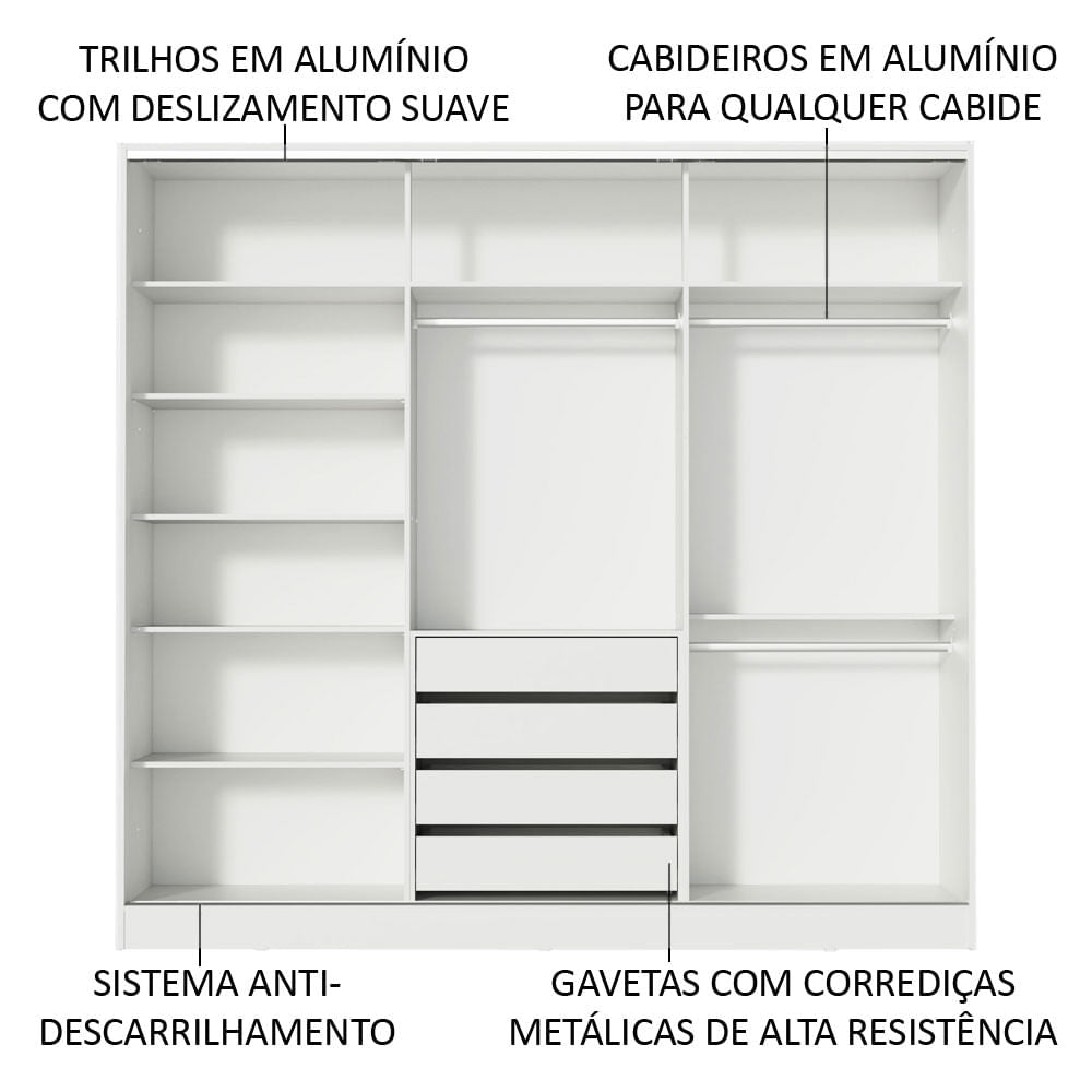 Guarda-Roupa Infantil Madesa Logan 100% MDF 3 Portas de Correr com Espelho Branco