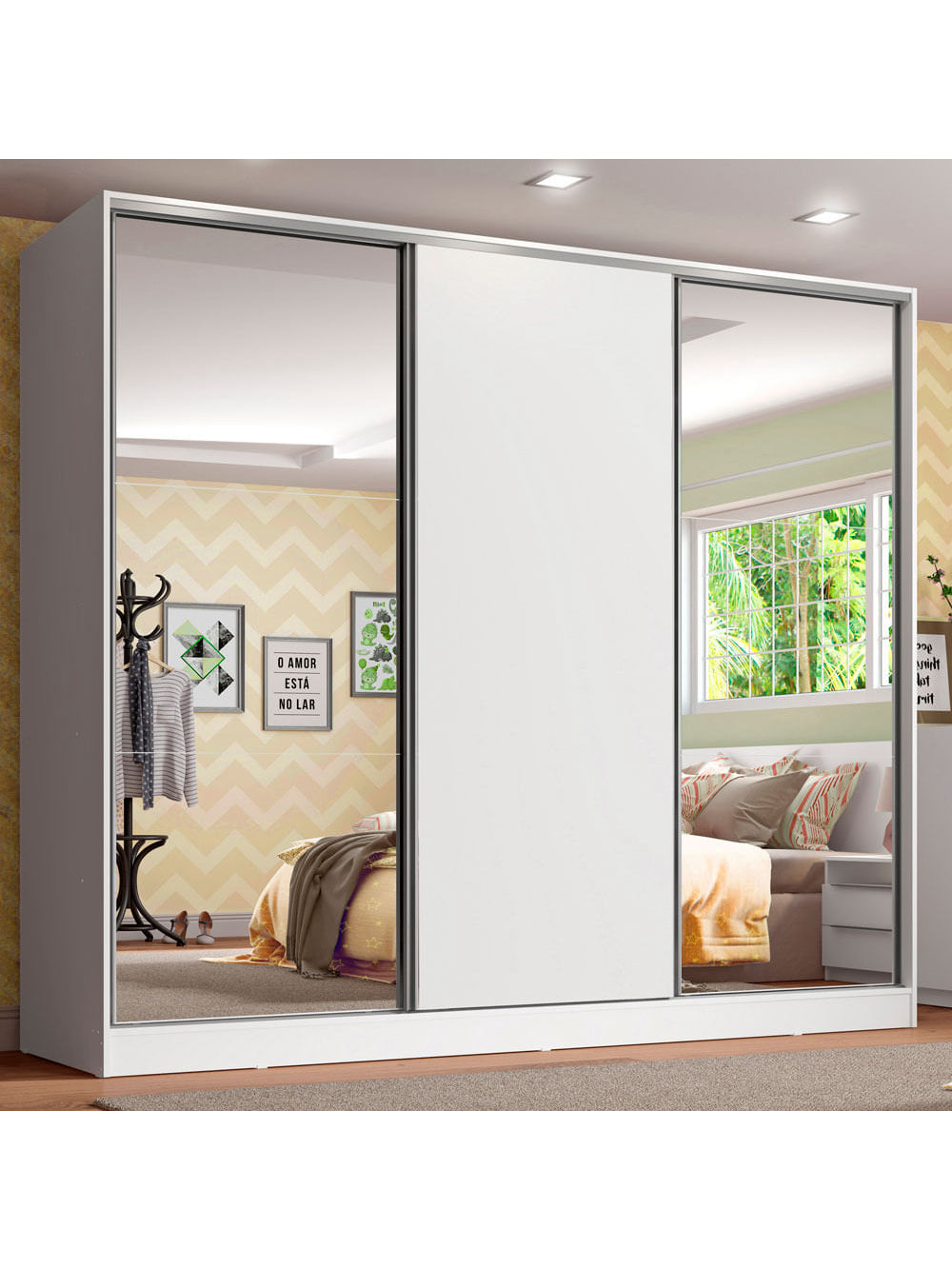 Guarda-Roupa Infantil Madesa Logan 100% MDF 3 Portas de Correr com Espelhos Branco - Branco