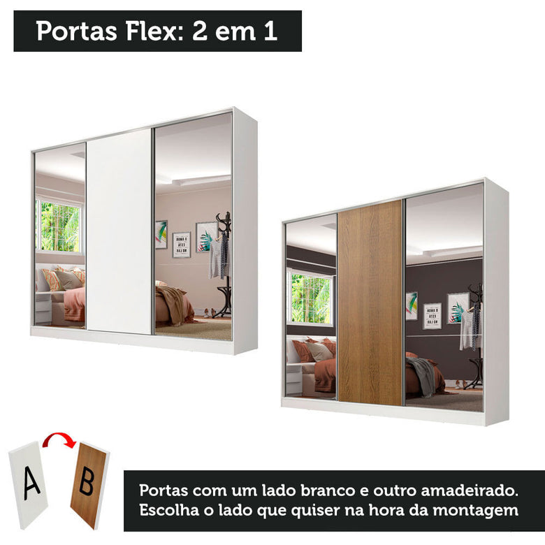 Guarda-Roupa Infantil Madesa Logan 100% MDF 3 Portas de Correr com Espelhos Branco