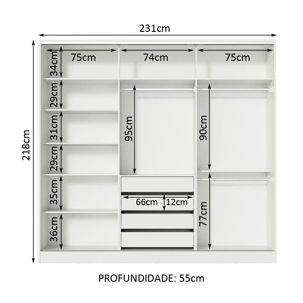 Guarda-Roupa Infantil Madesa Logan 100% MDF 3 Portas de Correr com Espelhos Branco