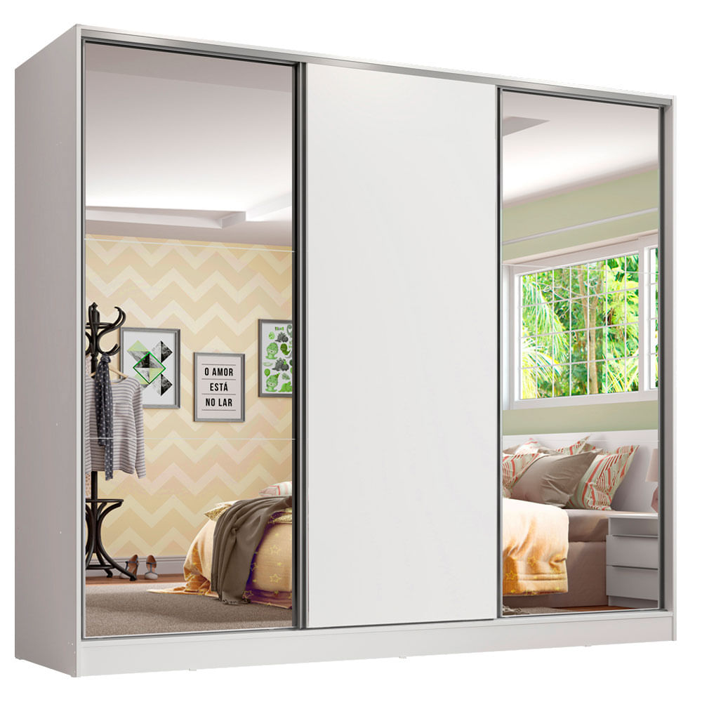 Guarda-Roupa Infantil Madesa Logan 100% MDF 3 Portas de Correr com Espelhos Branco - Branco