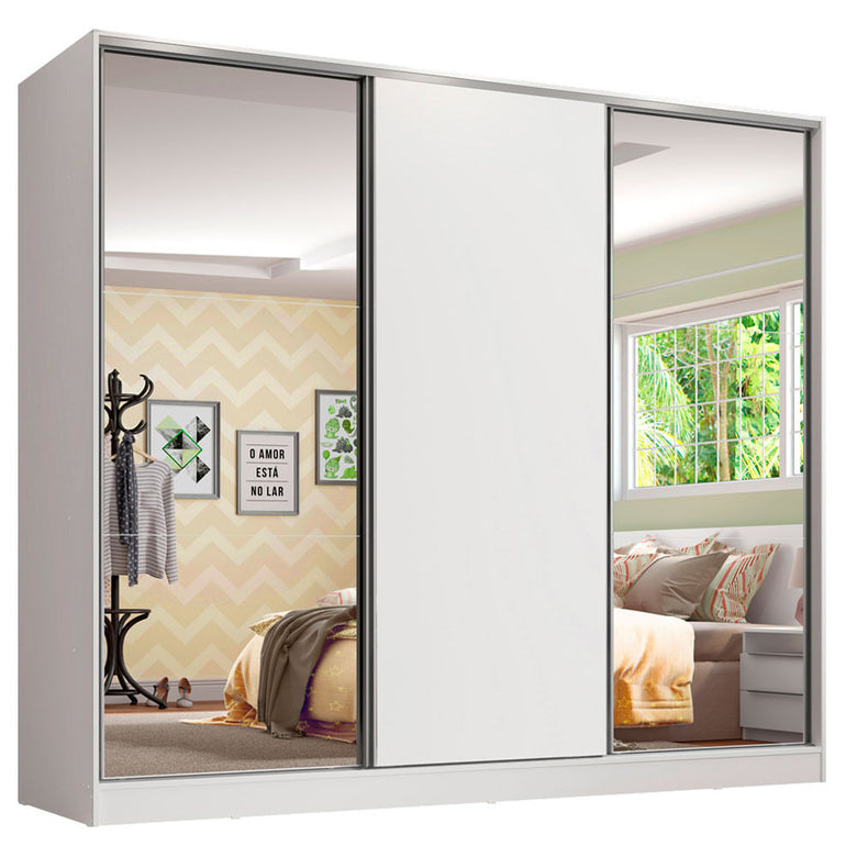 Guarda-Roupa Infantil Madesa Logan 100% MDF 3 Portas de Correr com Espelhos Branco