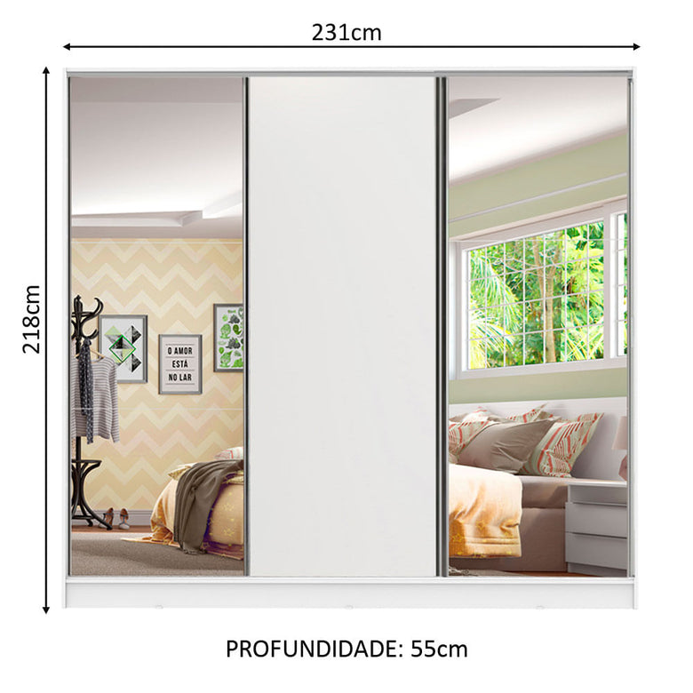 Guarda-Roupa Infantil Madesa Logan 100% MDF 3 Portas de Correr com Espelhos Branco