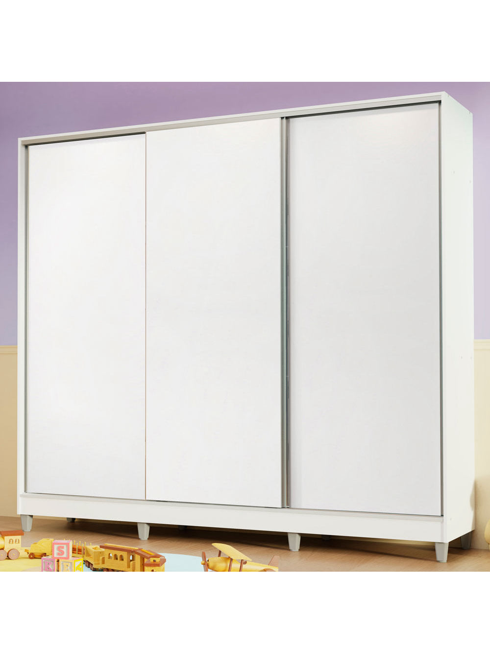 Guarda-Roupa Infantil Madesa Logan 100% MDF 3 Portas de Correr com Pés Branco - Branco