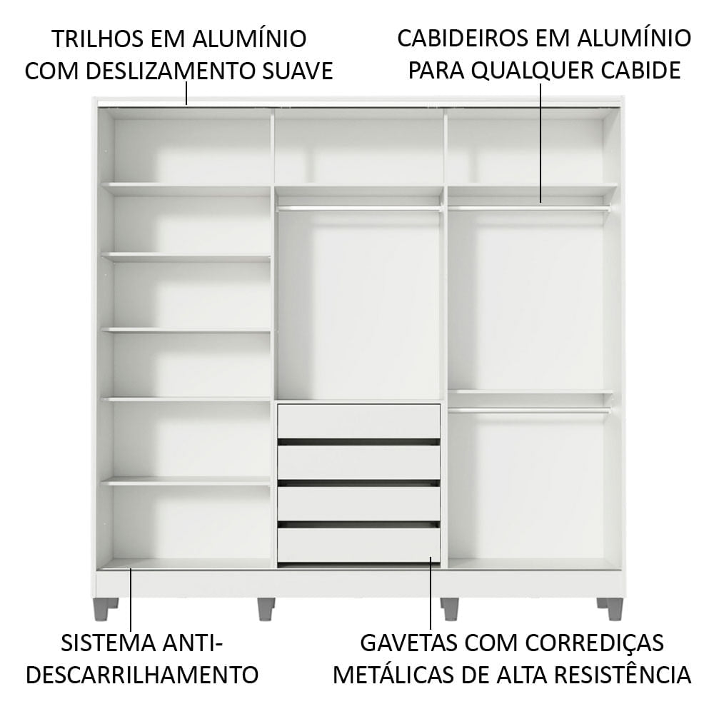 Guarda-Roupa Infantil Madesa Logan 100% MDF 3 Portas de Correr com Pés Branco